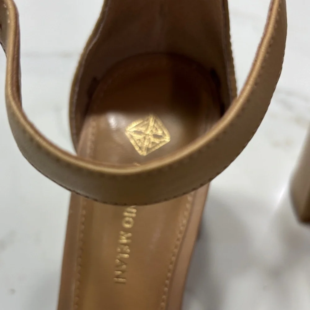 ANTONIO MELANI Tan Block Heel Sandals with Ankle Strap and Buckle